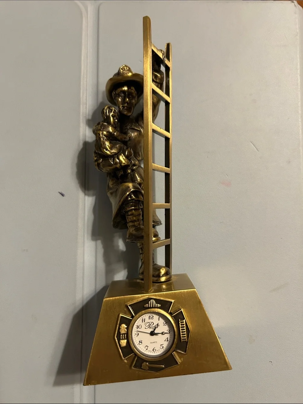 Bronze Firefighter Wall Clock Sculpture - Gold Home Wall Decor